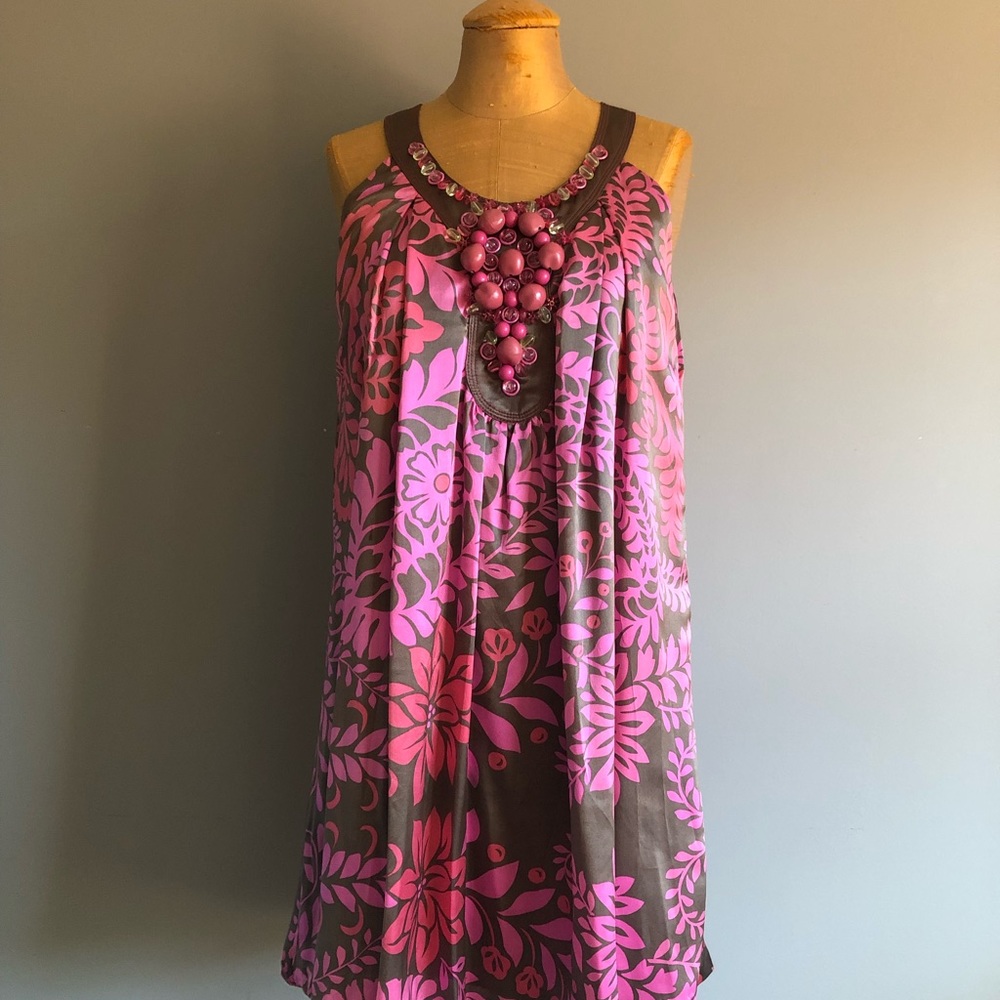 Zara chocolate and pink dress with beaded accents.